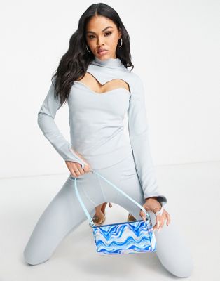 WMNSwear high neck top with cut out in co ord in blue