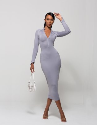 WMNSwear plunge zip front long sleeve midi dress in gray Grey Smart Closet