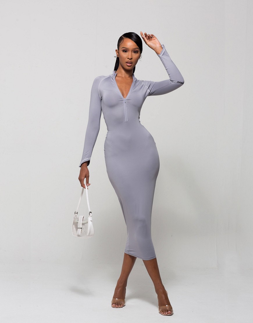 WMNSwear plunge zip-front long sleeve midi dress in gray-Grey