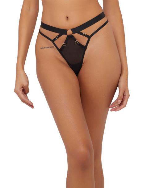 Wolf & Whistle Alexa mesh overlay thick strap thong in black