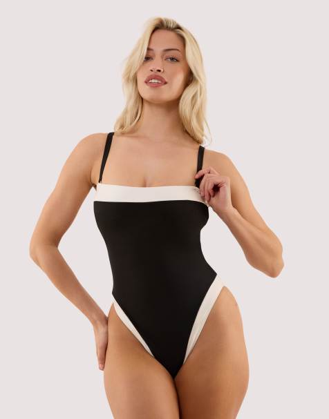 Wolf & Whistle Ally black & ivory bandeau swimsuit in black & ivory - view 1