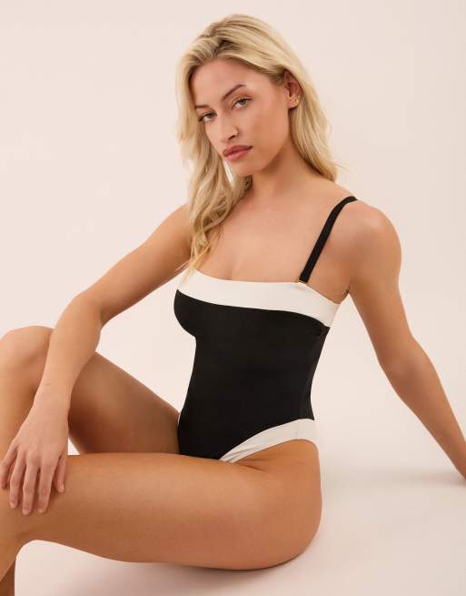 Wolf & Whistle Ally black & ivory bandeau swimsuit in black & ivory, 4 of 5