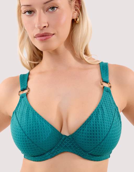 Wolf & Whistle Ariel emerald textured underwire plunge bikini top with gold ring in emerald green, 2 of 4