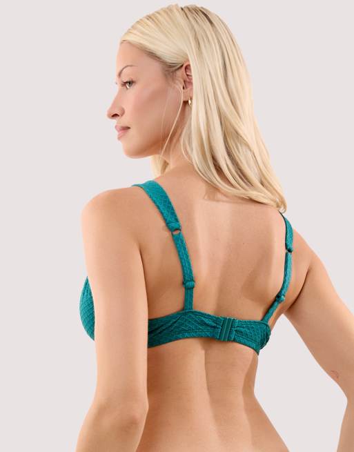 Wolf & Whistle Ariel emerald textured underwire plunge bikini top with gold ring in emerald green, 3 of 4