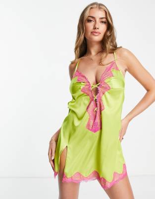 Wolf&Whistle Coppe Grandi - Vestito con scollo profondo e spalline sottili color lime con pizzo a contrasto-Verde - Wolf&Whistle slip donna Verde