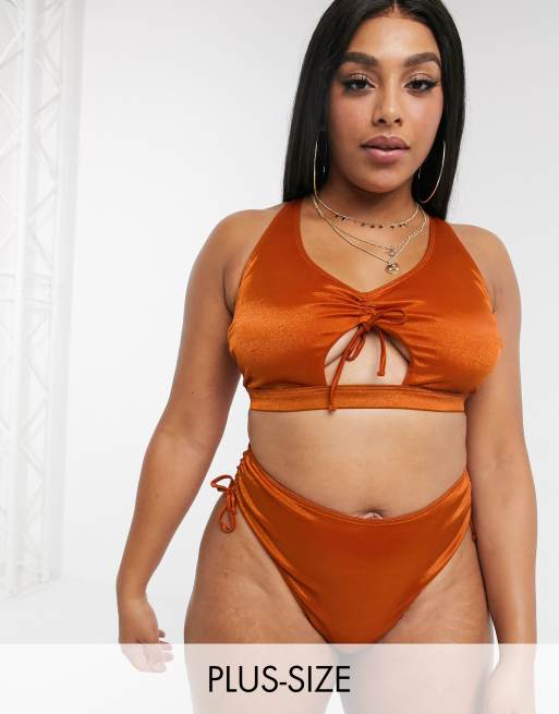 Wolf & Whistle Curve – Dół od rdzawego, połyskliwego bikini z podwyższonym stanem i wiązaniem z boku – tylko w ASOS