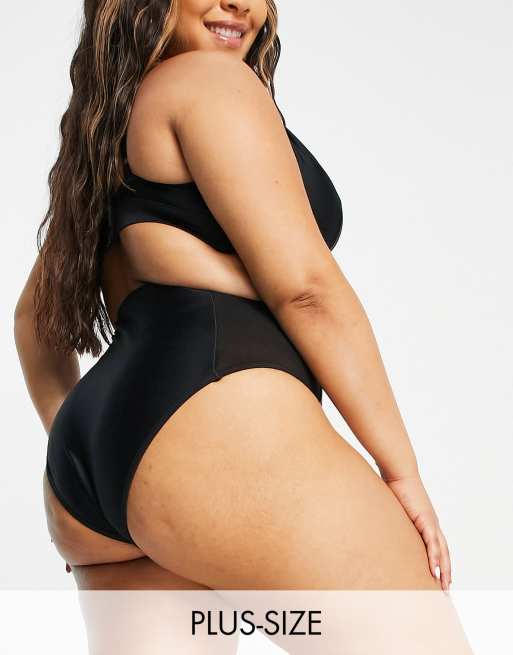 Wolf & Whistle Curve Exclusive – Czarny dół od bikini z podwyższonym stanem i siateczkowymi wstawkami