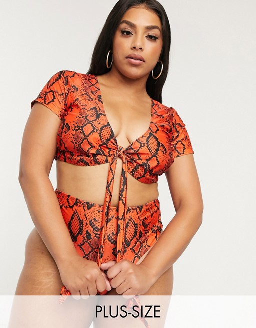 Wolf & Whistle Curve Exclusive Eco long sleeve bikini top in red snake