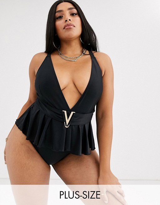 Wolf & Whistle Curve Exclusive Eco peplum swimsuit in black