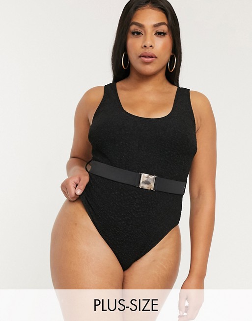 Wolf & Whistle Curve Exclusive high leg swimsuit in animal texture with gold buckle belt