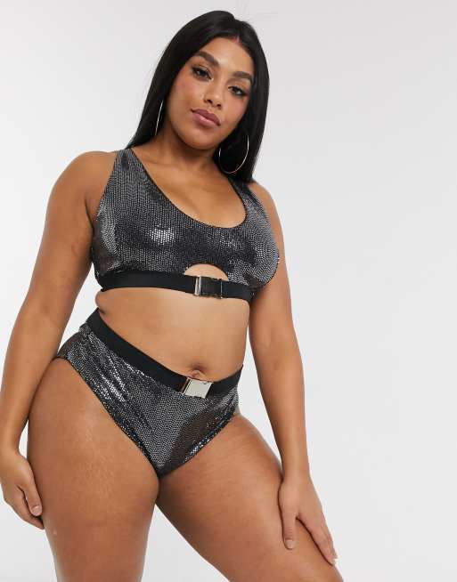 Wolf & Whistle Curve Exclusive high waist bikini bottom with buckle detail in black sparkle, 4 of 4