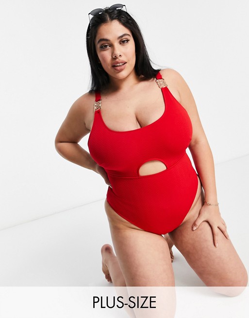 Wolf & Whistle Curve Exclusive rib cut out belt swimsuit in red