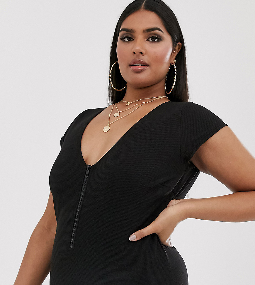 Wolf & Whistle Curve Exclusive zip front swimsuit with sleeves in black waffle
