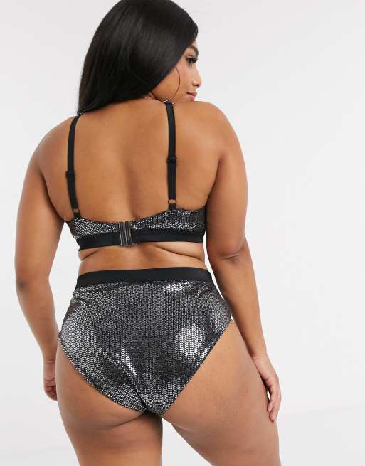 Wolf & Whistle Curve – Exklusive Bikinihose mit hohem Bund und Schnalle in Schwarz funkelnd, 2 von 4