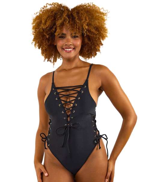 Wolf & Whistle Eden fb plunge lace up swimsuit in black - view 1