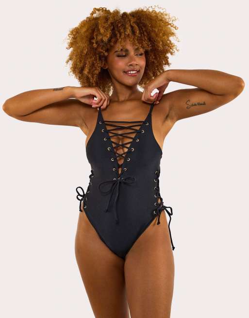 Wolf & Whistle Eden fb plunge lace up swimsuit in black, 2 of 3