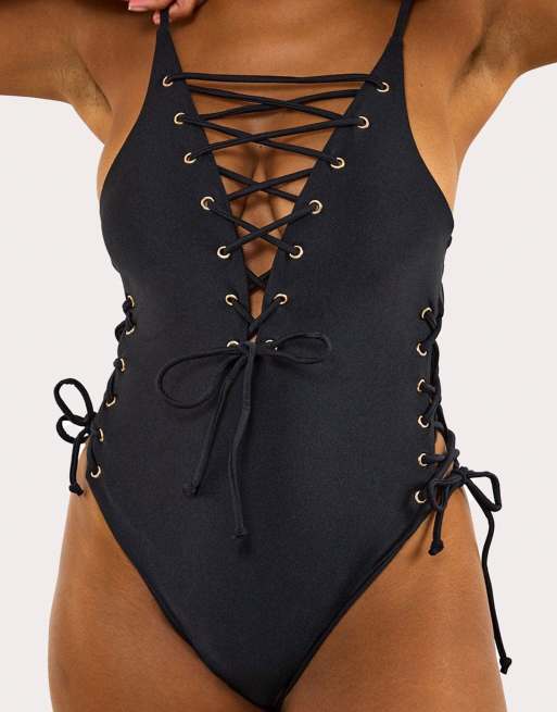 Wolf & Whistle Eden fb plunge lace up swimsuit in black, 3 of 3
