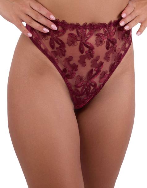 Wolf & Whistle Eva embroidery high waist thong in dark cherry - view 1