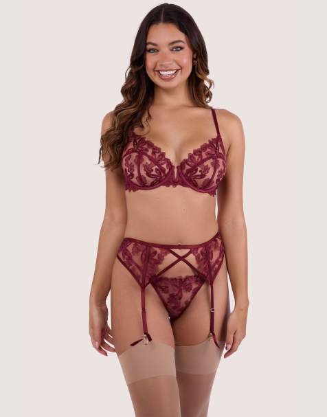Wolf & Whistle Eva embroidery lingerie set in dark cherry - view 1