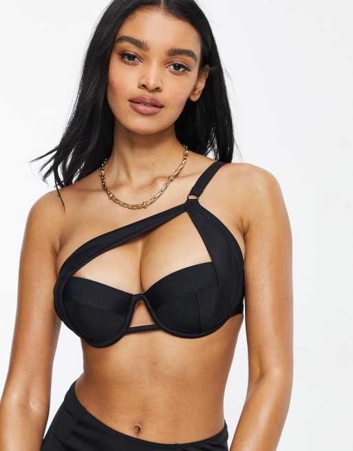 Wolf & Whistle - Exclusive - Bikinitop met beugel en een schouder voor vollere buste in zwart, 3 van 4