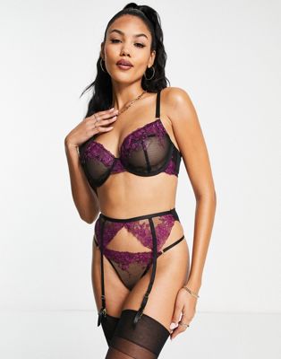 Wolf & Whistle Exclusive Contrast Floral Embroidered Mesh Suspender Belt In Black And Purple