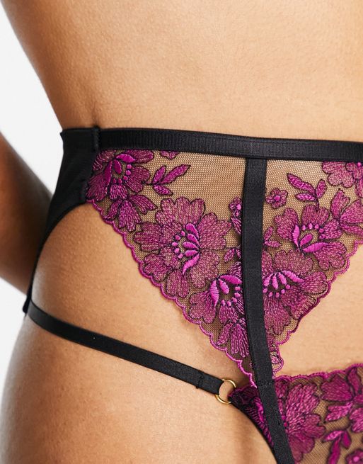 Wolf & Whistle Exclusive contrast floral embroidered mesh lingerie set in  black