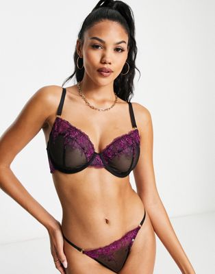 Wolf & Whistle Exclusive Contrast Floral Embroidered Mesh Thong In Black And Purple