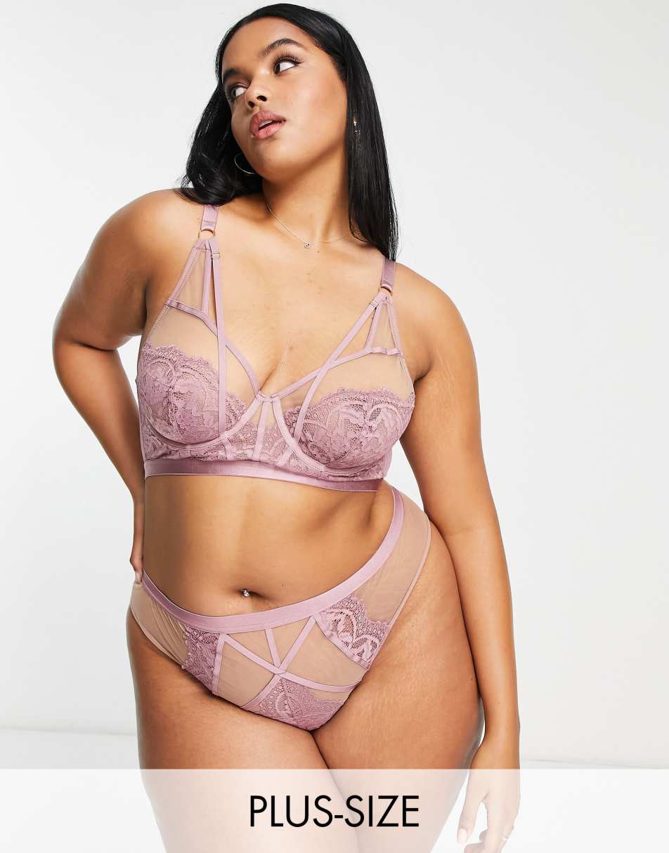 Wolf & Whistle Exclusive Curve corded lace and mesh high waist high leg  brazilian brief in pink