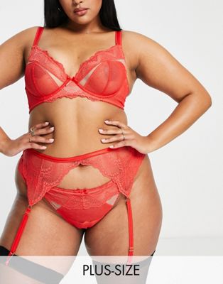 Wolf & Whistle Exclusive Curve dobby mesh and eyelash lace suspender belt with picot trim in red