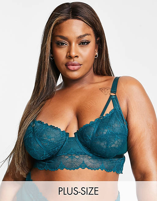 Wolf & Whistle Exclusive Curve lace longline non padded balconette bra in teal