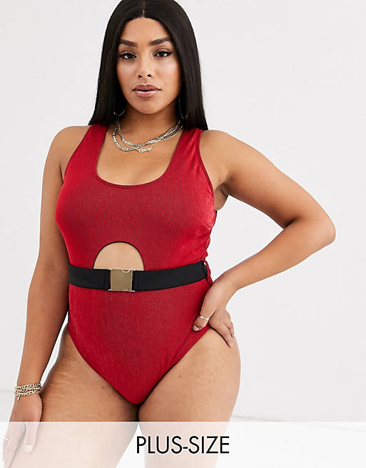 Wolf & Whistle Exclusive cut out swimsuit in red glitter rib
