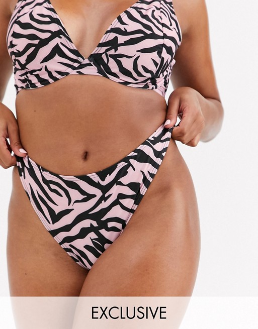 Wolf & Whistle Exclusive Eco high leg bikini bottom in pastel pink zebra