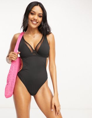 Wolf & Whistle Exclusive Fuller Bust mesh cut out swimsuit in black mesh