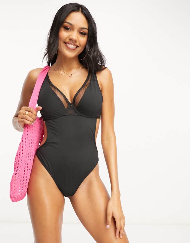 Wolf & Whistle - exclusive fuller bust mesh cut out swimsuit in black mesh