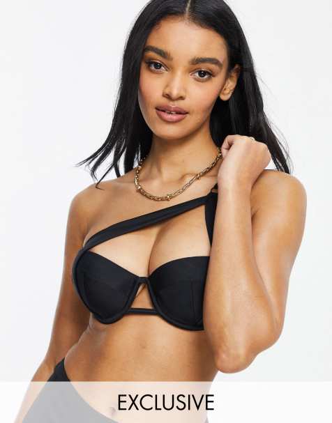 Wolf & Whistle Exclusive fuller bust underwire one shoulder bikini top in black