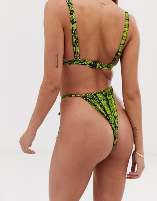 Wolf & Whistle Exclusive high rise tie front tanga bikini bottoms in lime snake - MGREEN, 2 of 4