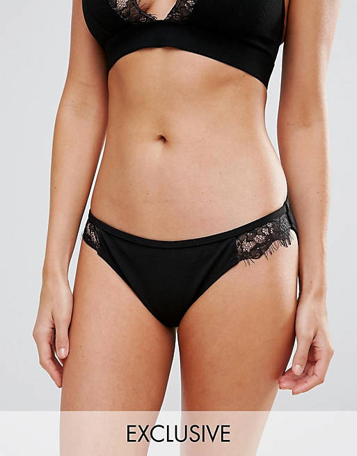 Wolf & Whistle Exclusive lace trim bikini bottom in black