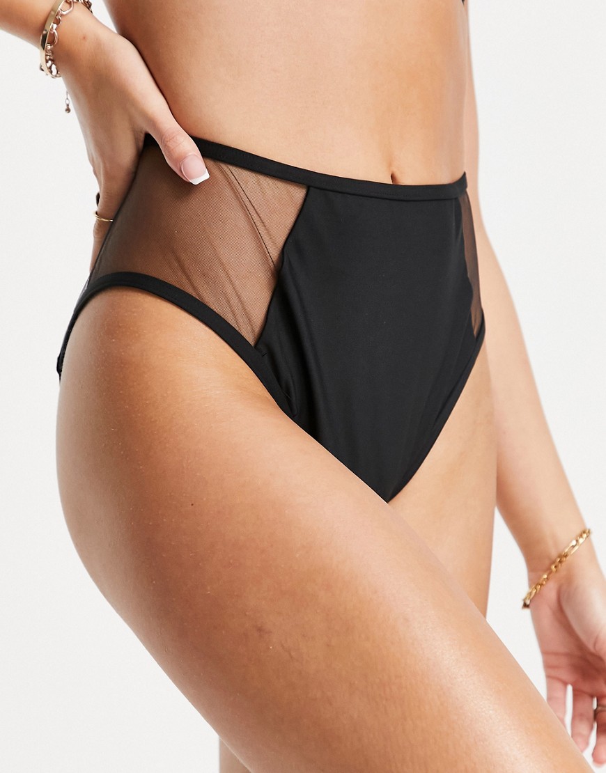 Exclusive mix and match high waist bikini bottom with mesh inserts in black