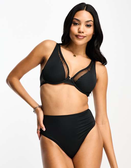 Wolf & Whistle Exclusive mix & match high waist bikini bottoms in black mesh