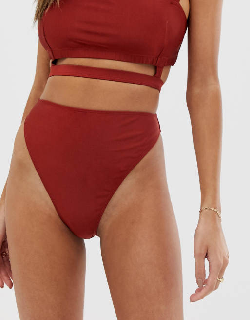 Wolf & Whistle Exclusive shiny high leg bikini bottom in red