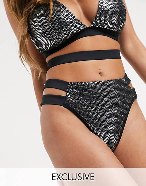 Wolf & Whistle Exclusive strappy high leg bikini bottom in black shimmer