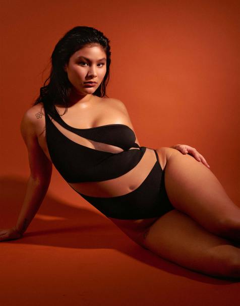 Wolf & Whistle Fuller bust asymmetric swimsuit with nude mesh inserts in black - view 1