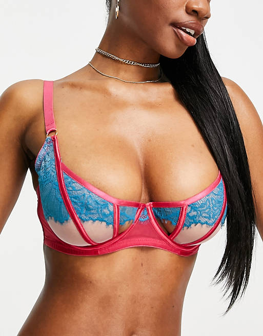 Wolf & Whistle Fuller Bust contrast lace bra with cut out in pink and turquoise