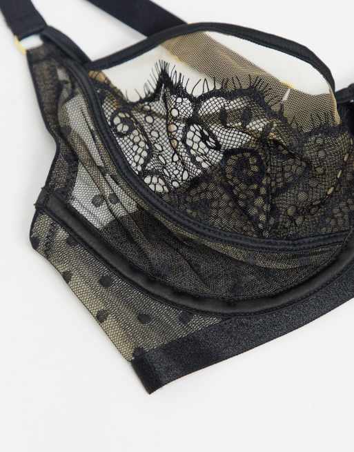 Wolf & Whistle Fuller Bust – Czarny miękki biustonosz w kropki z koronką, 3 z 4