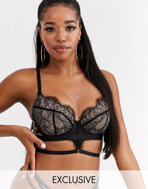 Wolf & Whistle Fuller Bust delicate lace and strapping bra in black