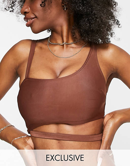 Wolf & Whistle Fuller Bust Exclusive asymmetric cut out bikini top in chocolate
