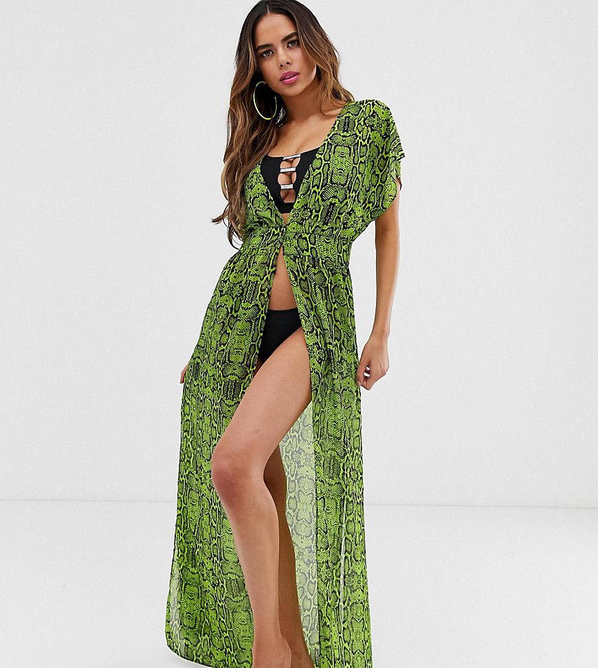 Wolf & Whistle Fuller Bust Exclusive chiffon beach dress in lime snake-Green