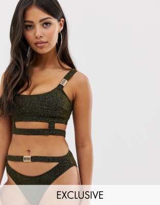 Wolf & Whistle Fuller Bust Exclusive crop bikini top in black glitter lurex