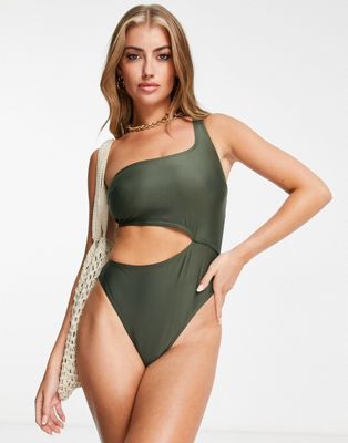 Wolf & Whistle Fuller Bust Exclusive cut out one shoulder swimsuit in khaki