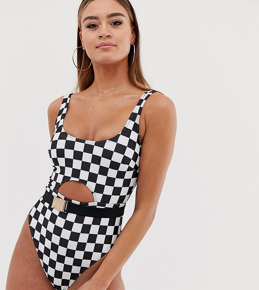 Wolf & Whistle Fuller Bust Exclusive Eco cut out swimsuit in checkerboard D - F Cup-Black